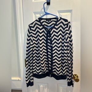 Lands’ End Women Chevron Stripe Sweater Cardigan Supima‎ Cotton Navy/White L